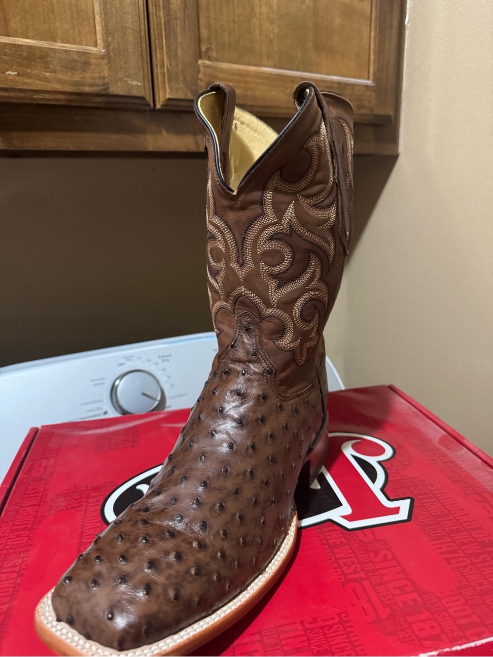 Justin Boots Brown Ostrich Vamped Western Cowboy Boot with Embroidered Shaft